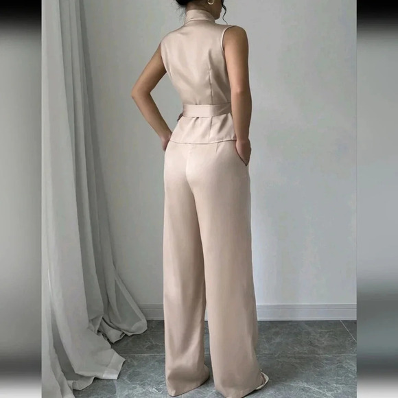 2pcs Solid Color Tie Front Sleeveless Top And Pants Casual Suit Set - Picture 2 of 5